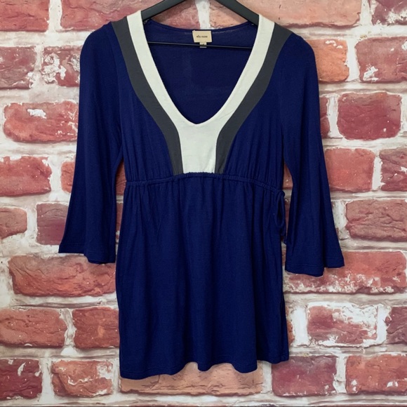 ANTHROPOLOGIE ELLA MOSS BLUE MULTICOLOR COLORBLOCK RETRO TRIM STYLE BLOUSE - Picture 4 of 6